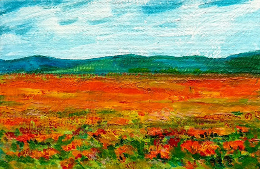 Blue Hills and the red poppy fields, miniature acrylic painting, framed and ready to gift