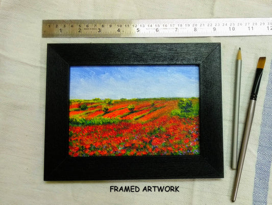 Framed view of Poppy fields Miniature canvas painting, floral meadow landscape art