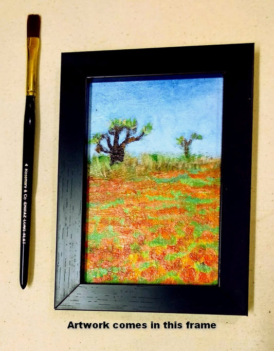 comes in this frame,Poppies in the wilderness, Miniature landscape painting on canvas