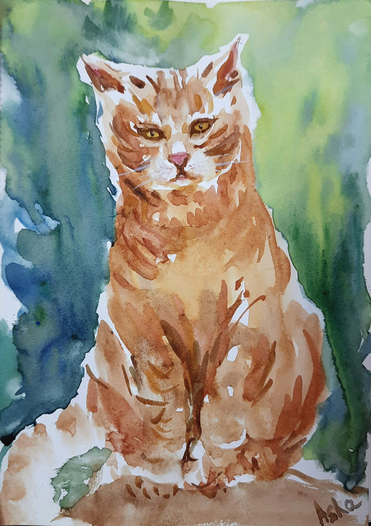 Sad orange cat- watercolors on paper