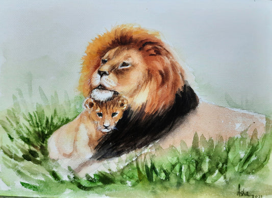 Lion King and the Prince Cub- watercolor painting