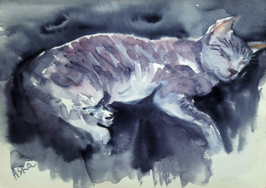 Sleeping cat watercolors on paper