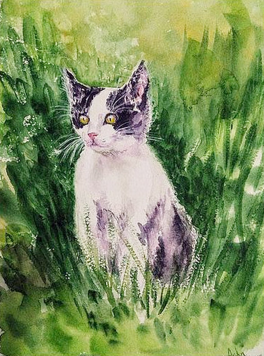 Cute Kitten in the garden, Watercolor art for the cat lover