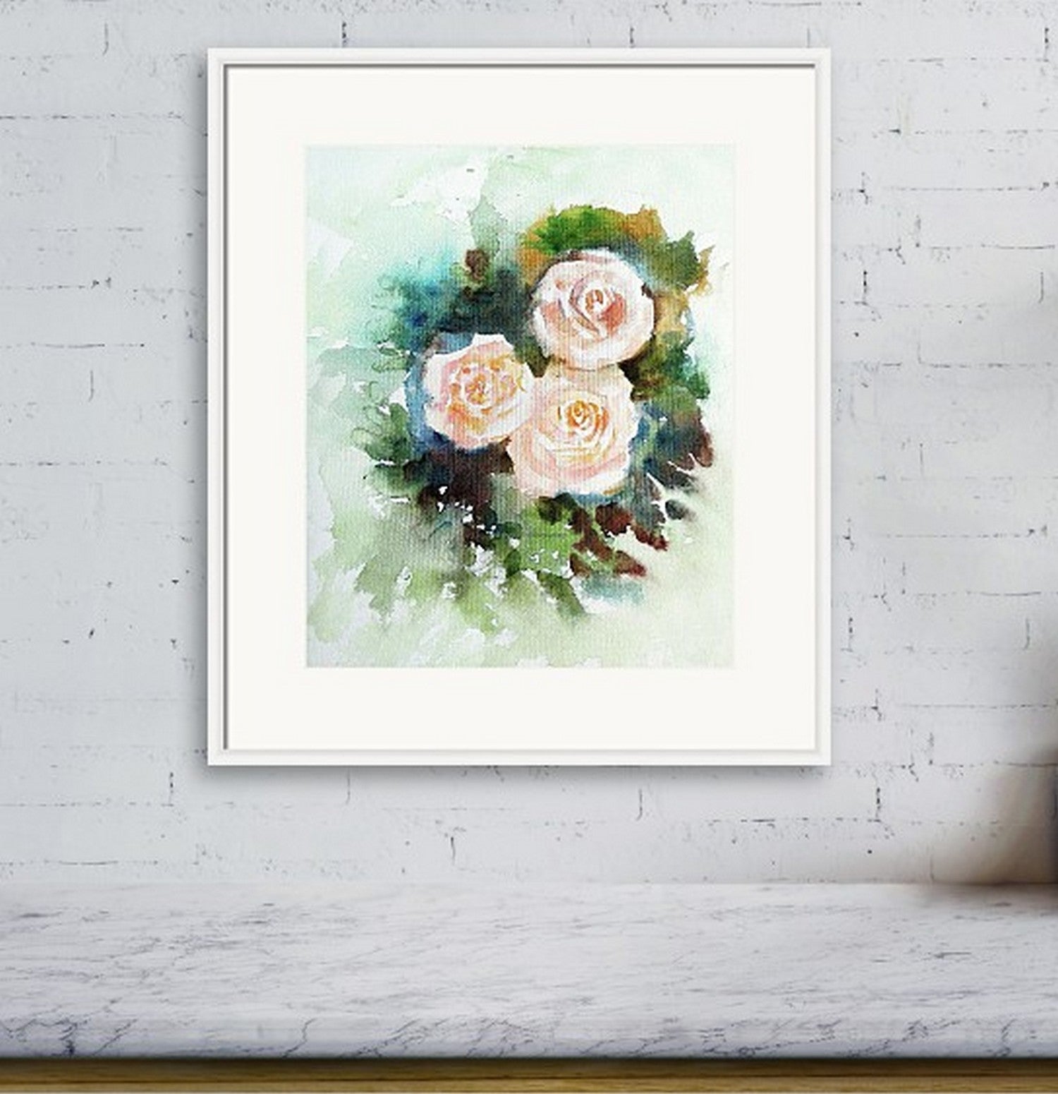Virtual framed view Three Cream roses, Beautiful flower painting, Floral gift