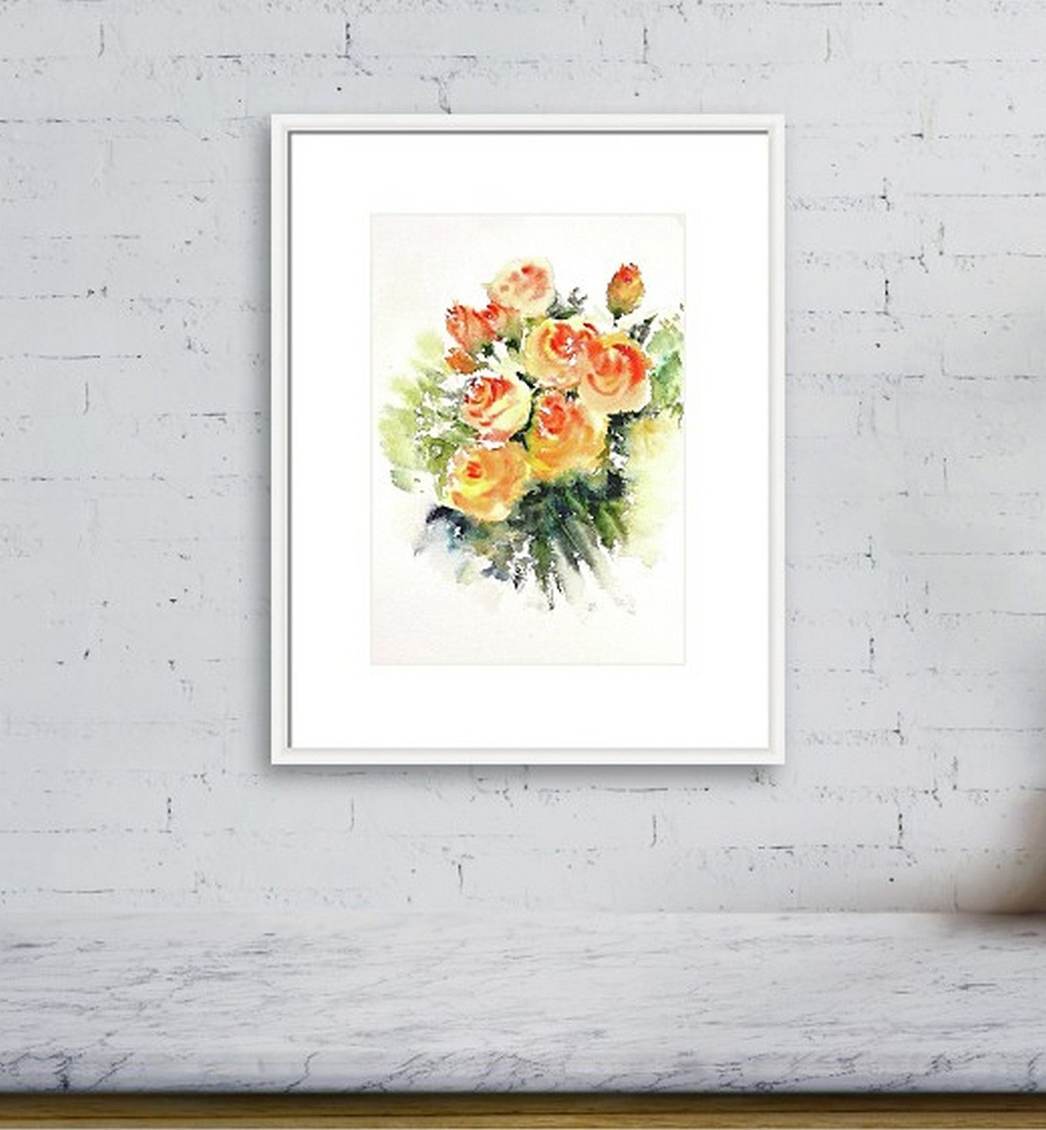 Virtual frame view of Bouquet of cream and orange roses, watercolor painting