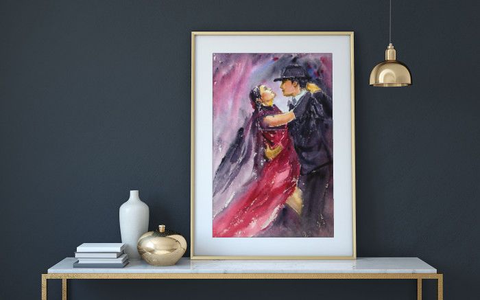Tango dancers, Passionate dance, Watercolor Print on canvas
