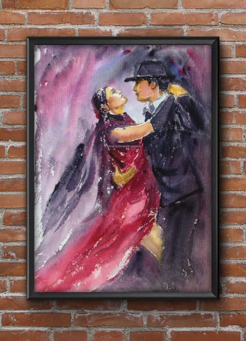 Virtual wall view Tango dancers, Passionate dance, Watercolor Print on canvas