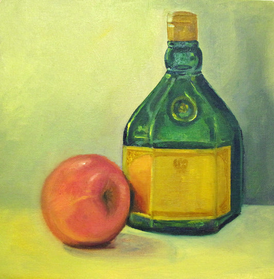 Still life with an apple and a green bottle, oils on canvas