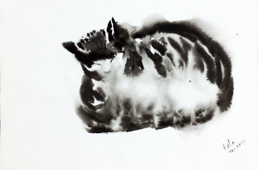 Cat nap, ink painting on paper