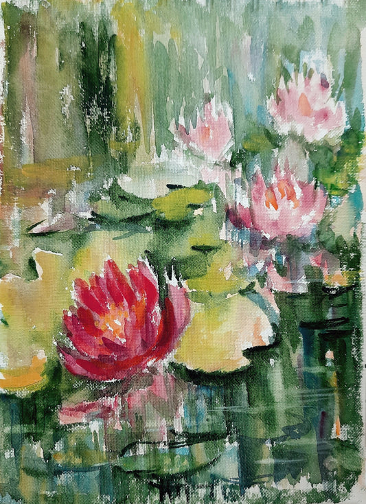 Red and Pink Lotus Pond watercolor wall art
