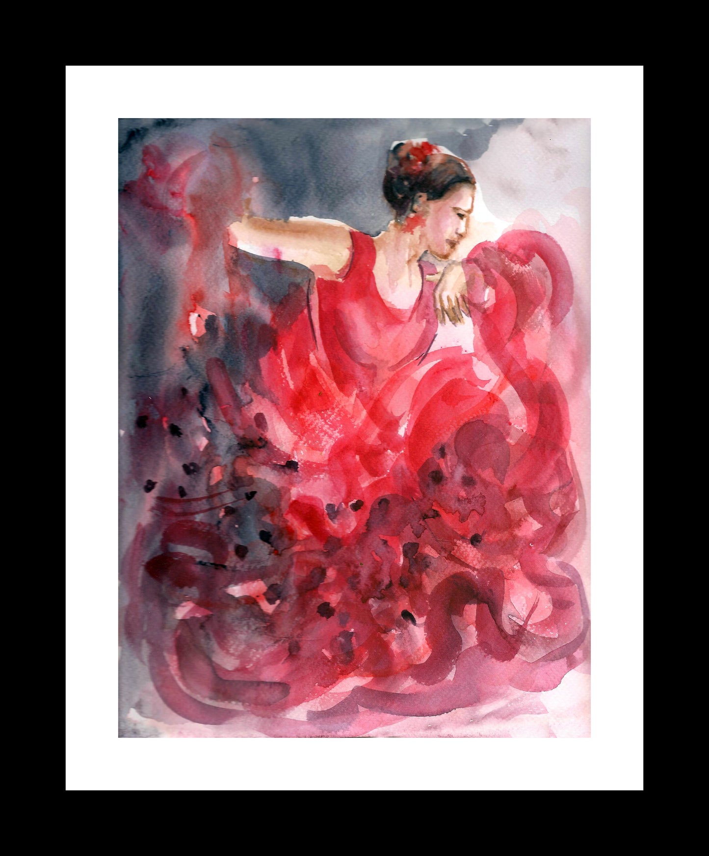 Frenesí flamenco, bailaora flamenca, pintura de acuarela.