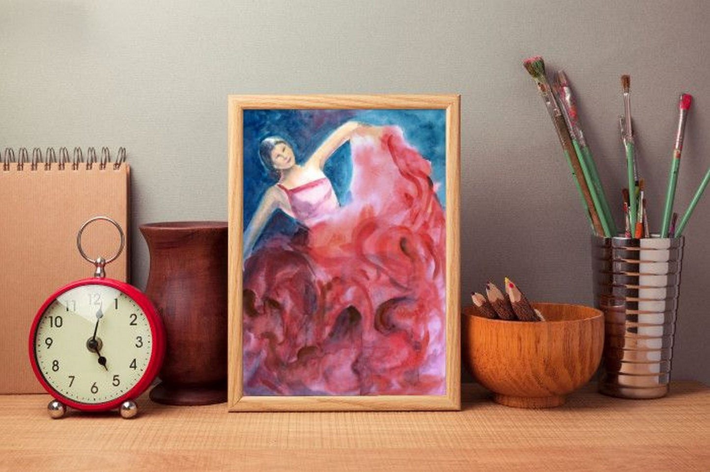 Flamenco dancer watercolor in a virtual frame, room view
