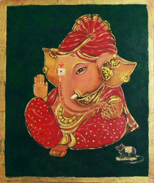 Bebé Ganesha con turbante rojo, pequeño arte acrílico sobre lienzo