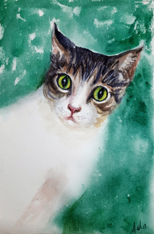 Gowrie el gato Tabby inteligente, pintura original de gato acuarela