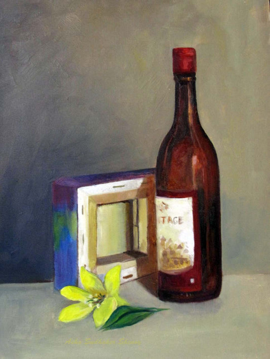 Still life painting of a wine bottle and canvas