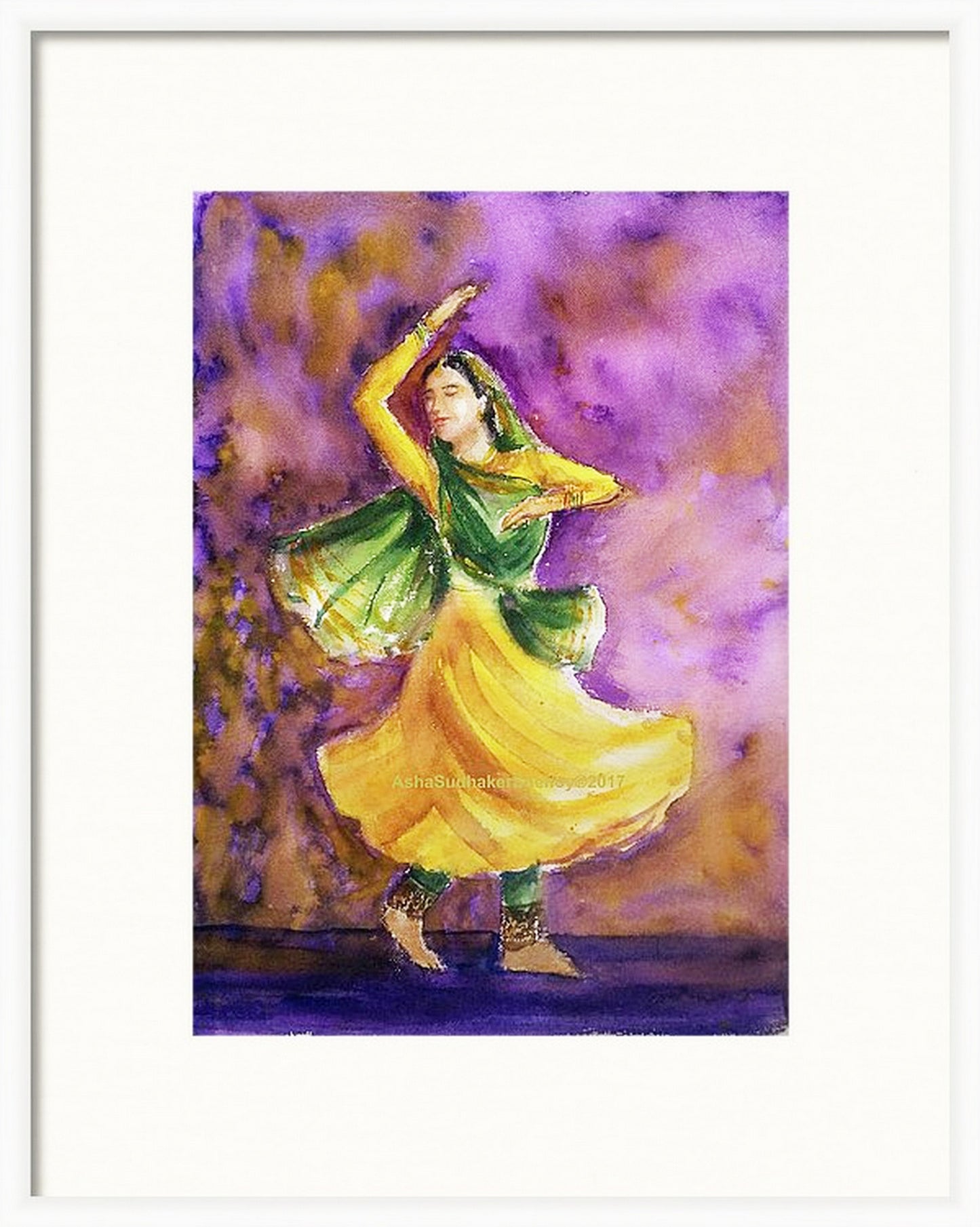 Indian kathak dancer watercolor painting in a virtual frame