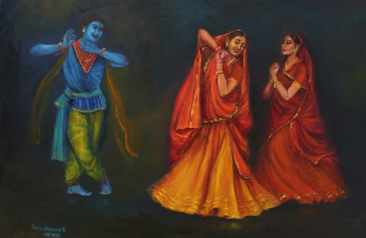 Indian Kathak Dancers, Radha Krishna Painting, Original oil painting of traditional dancers