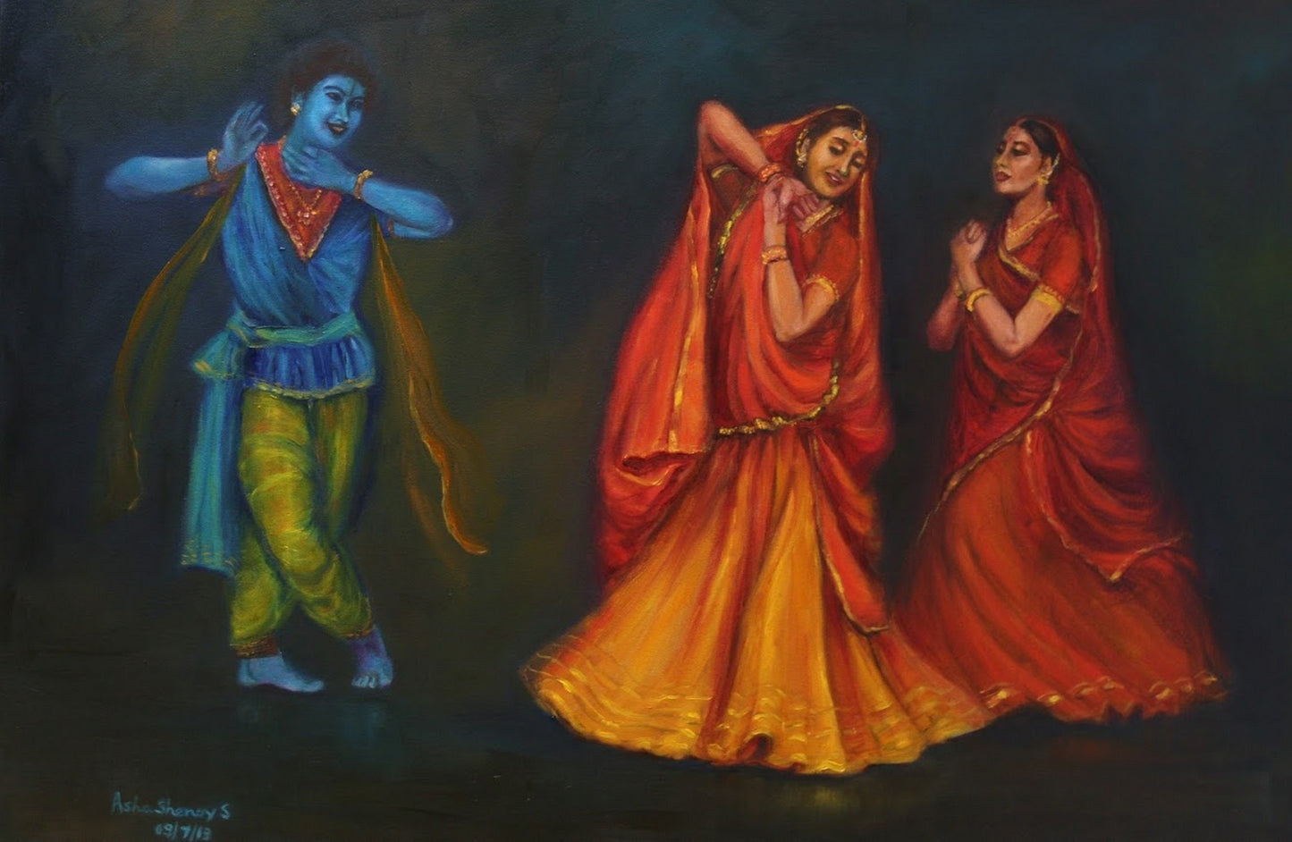 Indian Kathak Dancers, Radha Krishna Painting, Original oil painting of traditional dancers