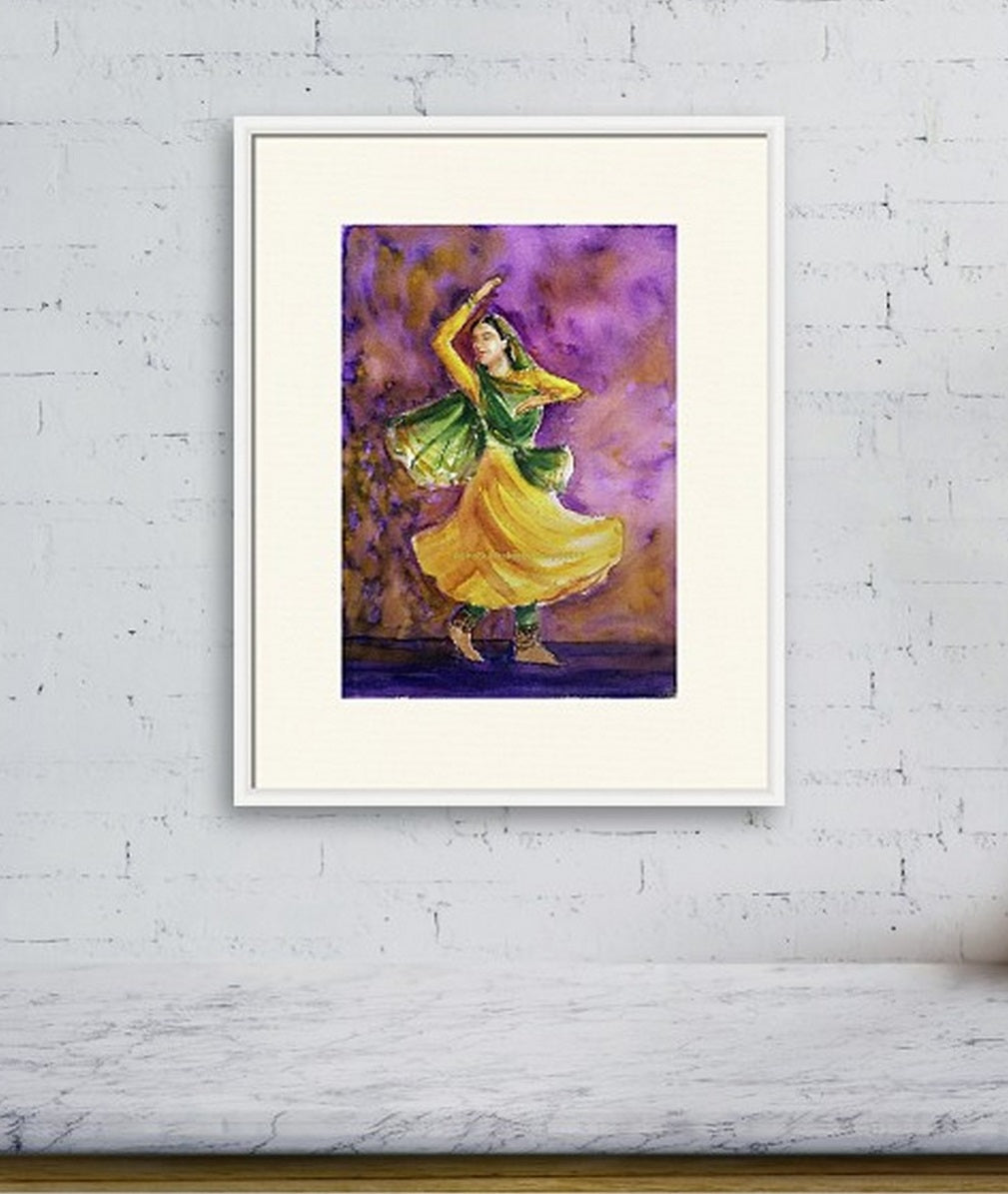 Virtual wall view of Indian kathak dancer watercolor painting