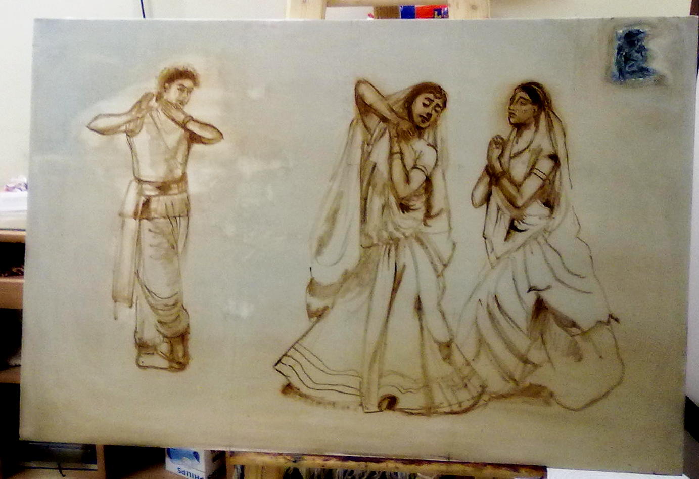 Drawing  for Krishna, Radha and Gopis Kathak dancers 