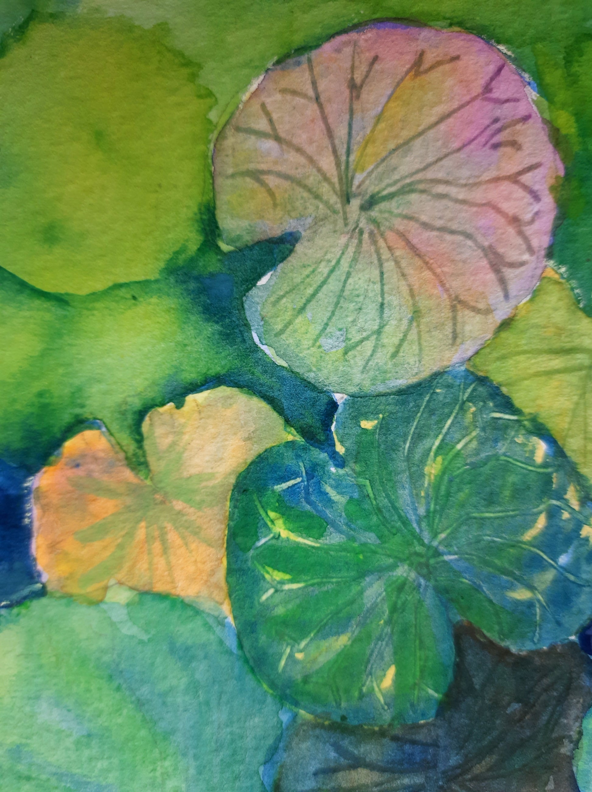 Closeup of Lotus Pond watercolor painting