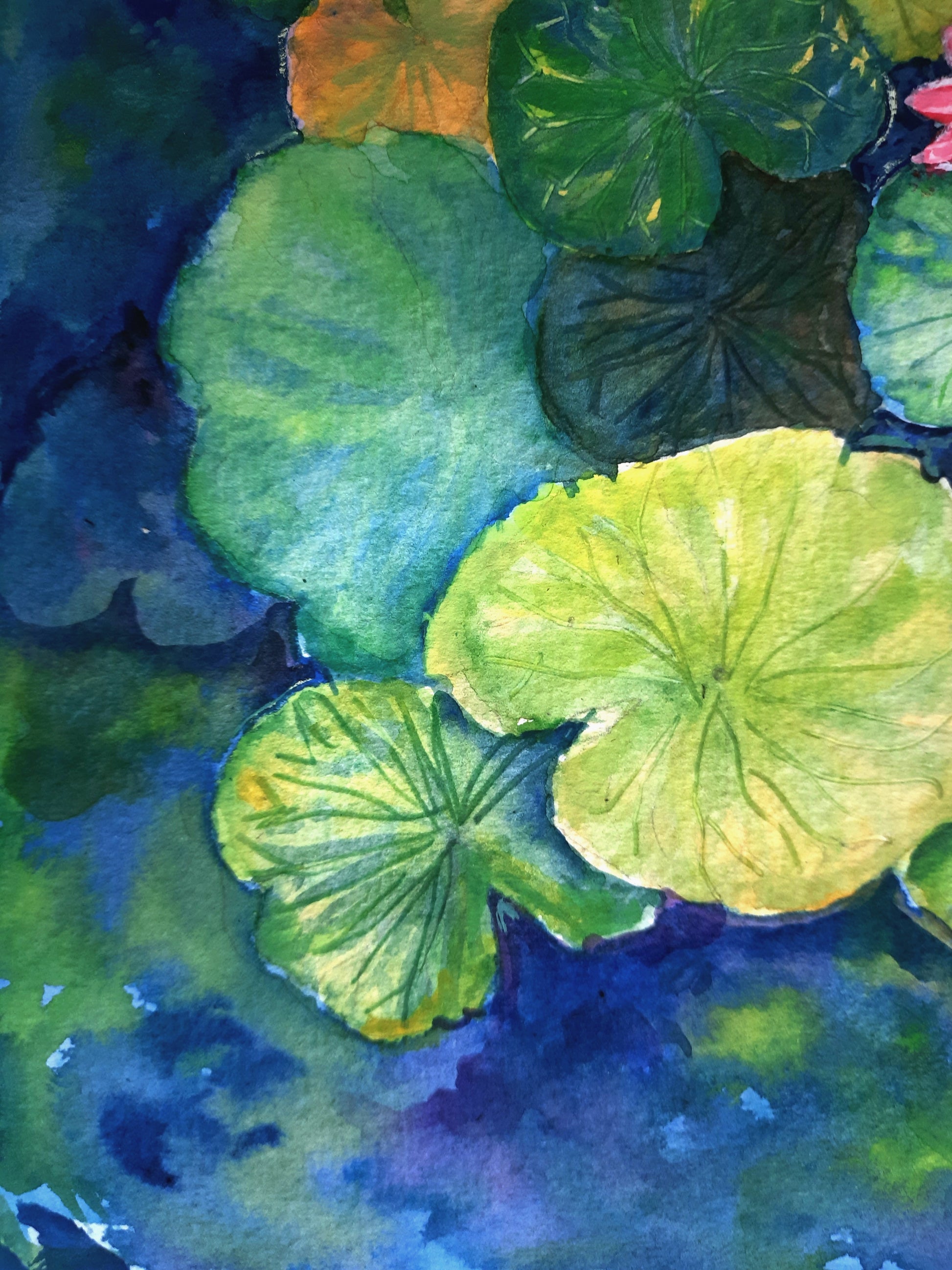 closeup of Lotus Pond watercolor painting
