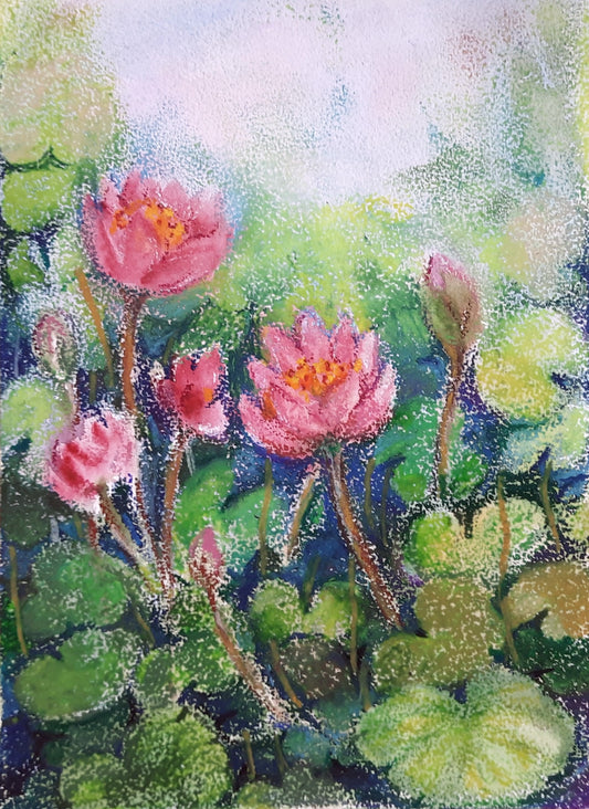 Lotus flowers in a Pond, mixed media artwork