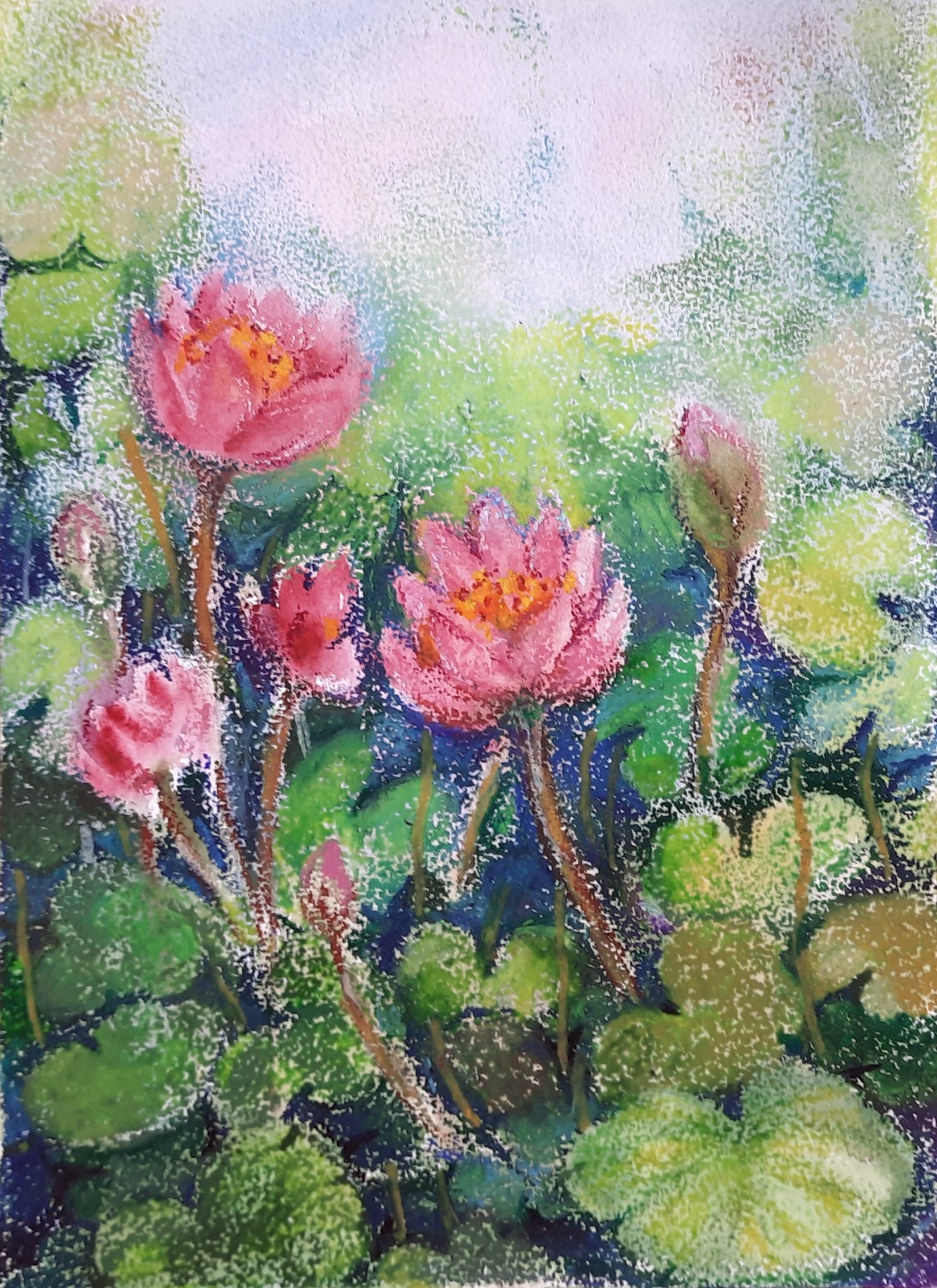 Lotus flowers in a Pond, mixed media artwork