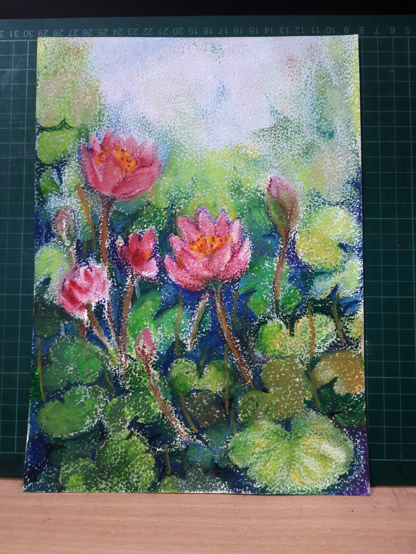 Studio view, Lotus flowers in a Pond, mixed media artwork