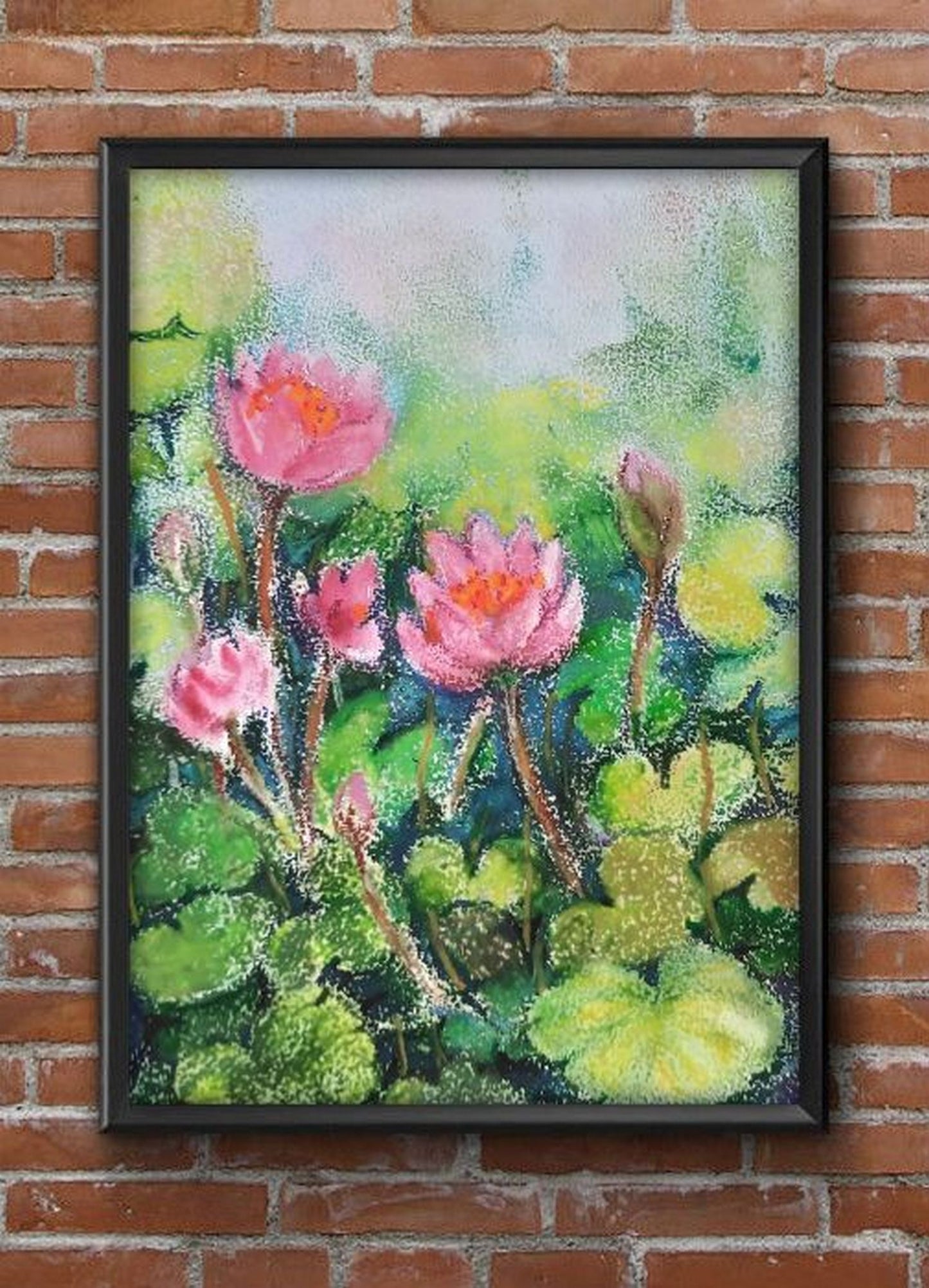 Virtual frame and wall view, Lotus flowers in a Pond, mixed media artwork