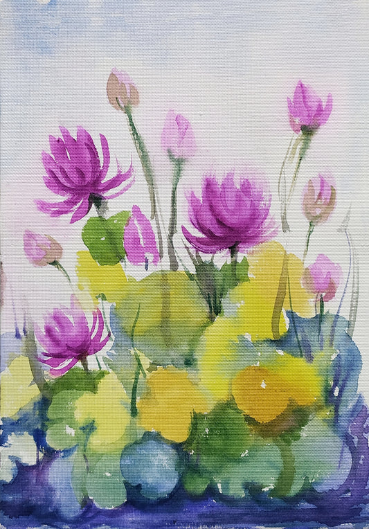 Magenta water lilies, watercolor painting