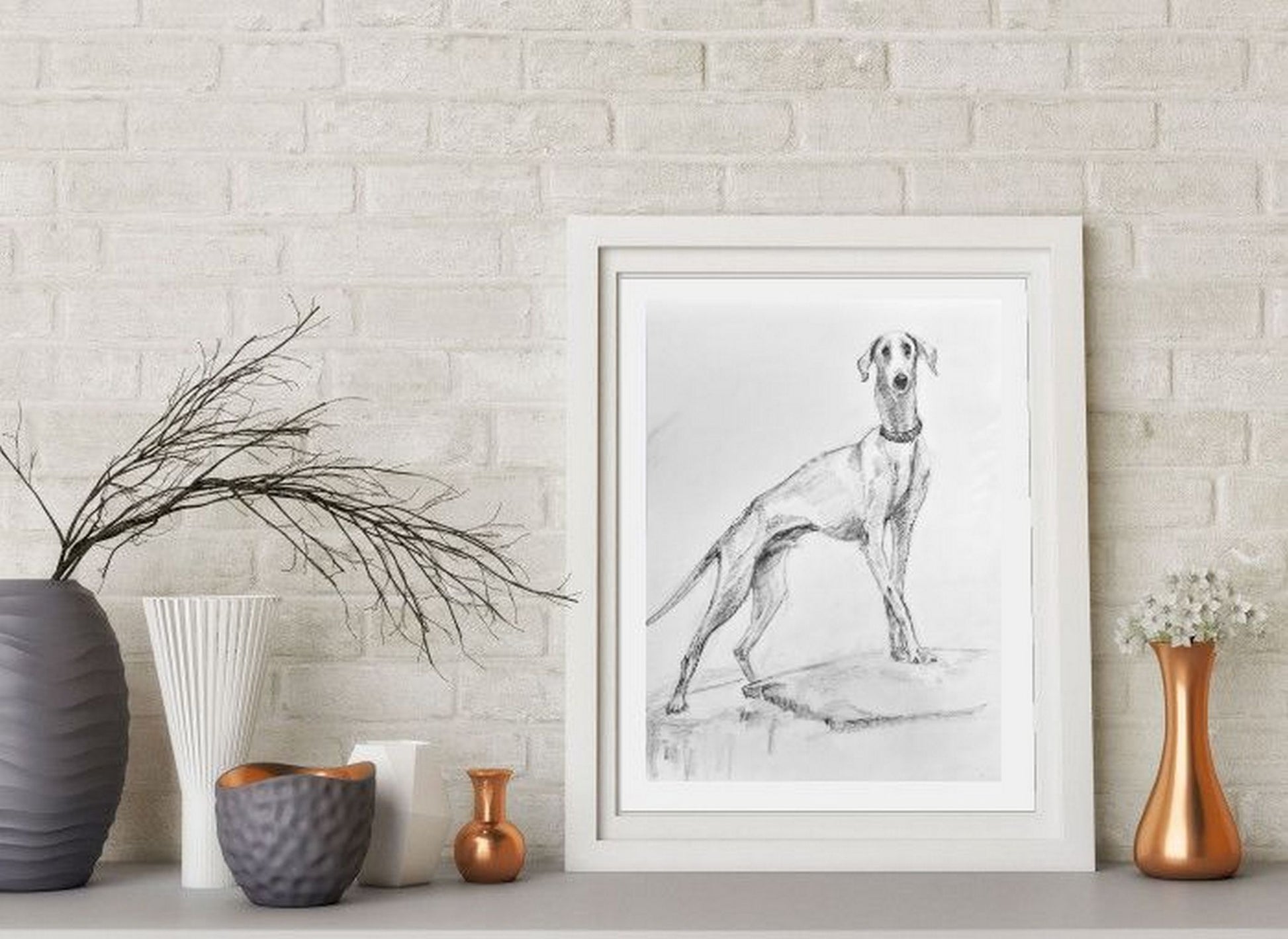 Virtual room view, The Famous Indian Mudhol breed dog, pencil sketch on paper