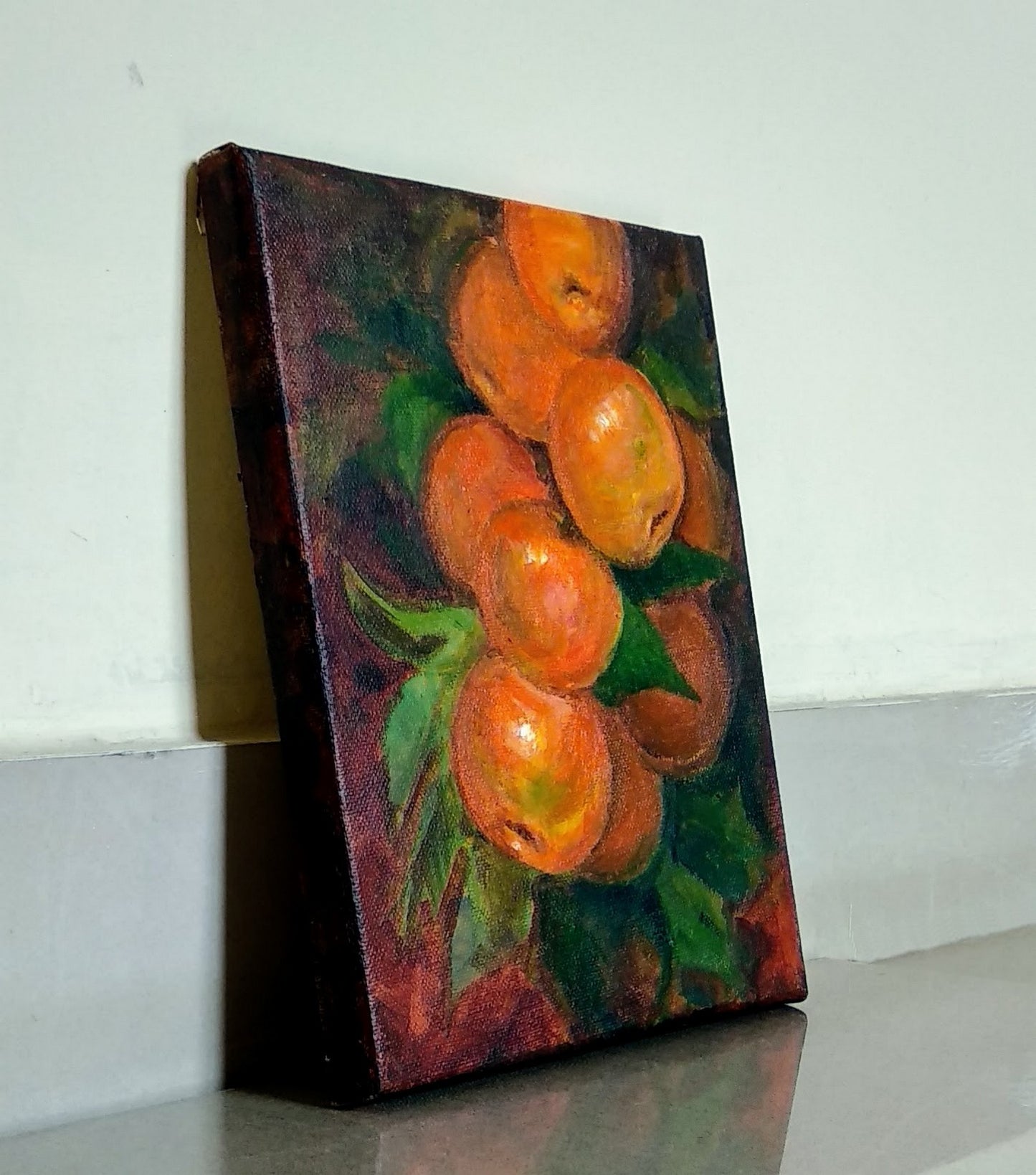 Edge view of Clementine on a branch, acrylic painting on canvas