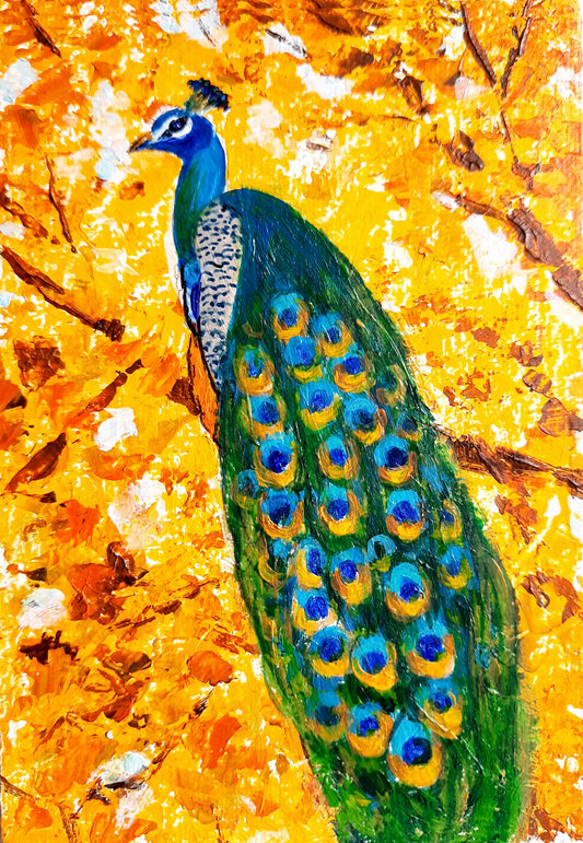 Peacock on the golden tree, canvas wall art, Miniature bird art