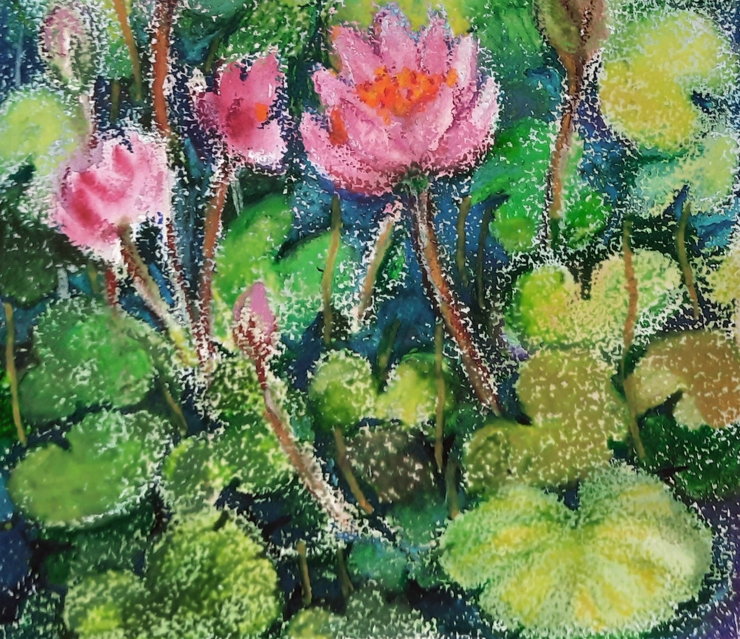close-up view Lotus flowers in a Pond, mixed media artwork