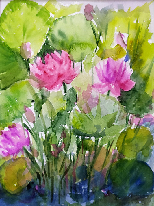 A Pink Lotus Pond, watercolor wall art