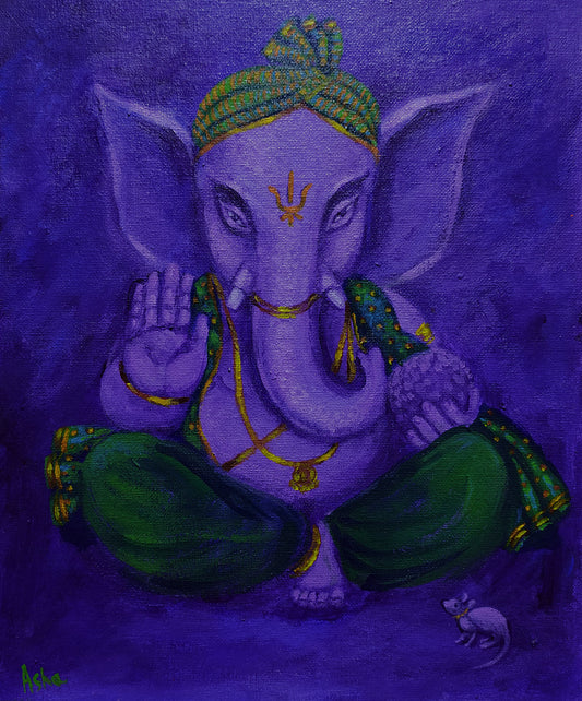 Cute Purple Ganesha, acrylic painting on canvas panel