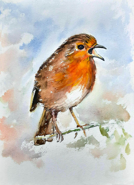A singing Robin, watercolor bird painting,