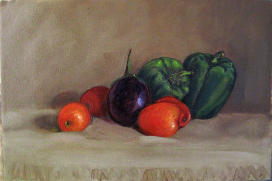 Still life with capsicum and tomatoes, oil on panel