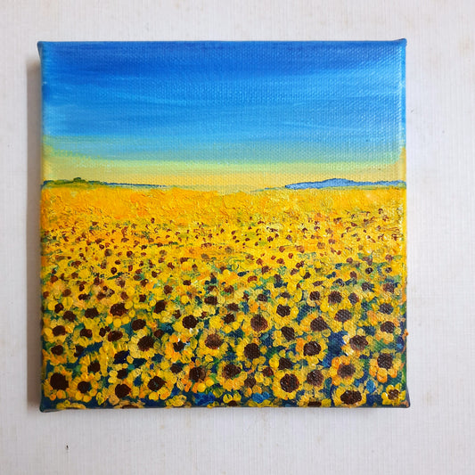 Sunflower fields in summer, Miniature landscape painting on canvas