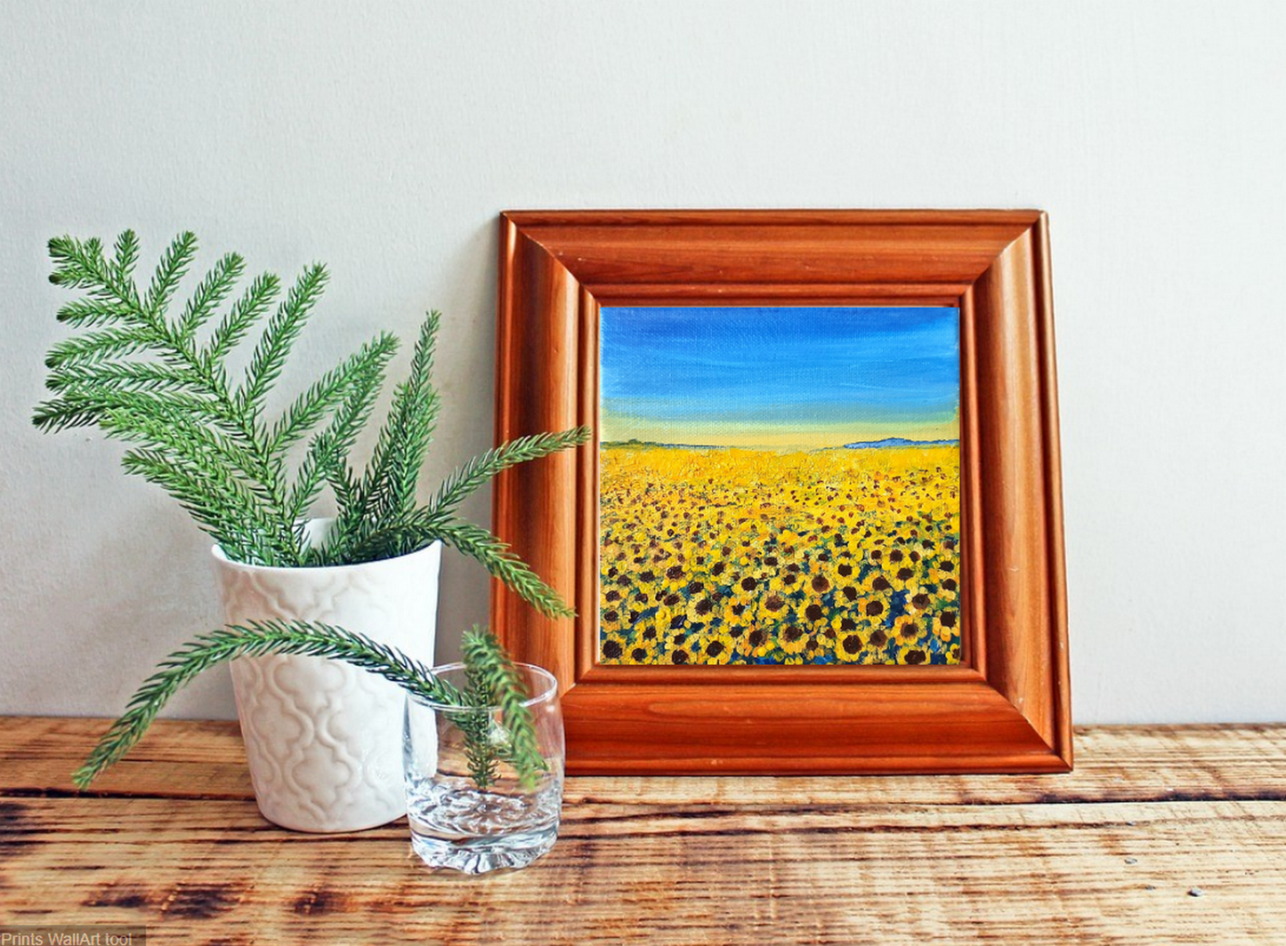 Virtual framed view, Sunflower fields in summer, Miniature landscape painting on canvas