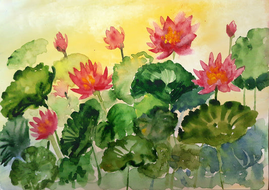 Sunset Water Lilies, watercolor painting on paper