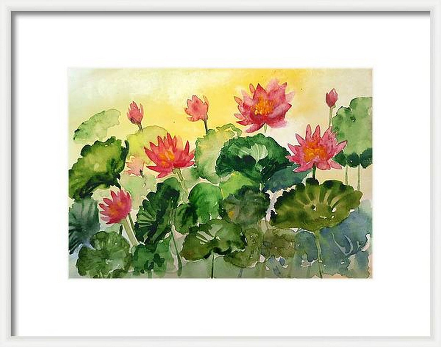 In a virtual frame, Sunset Water Lilies, watercolor painting on paper