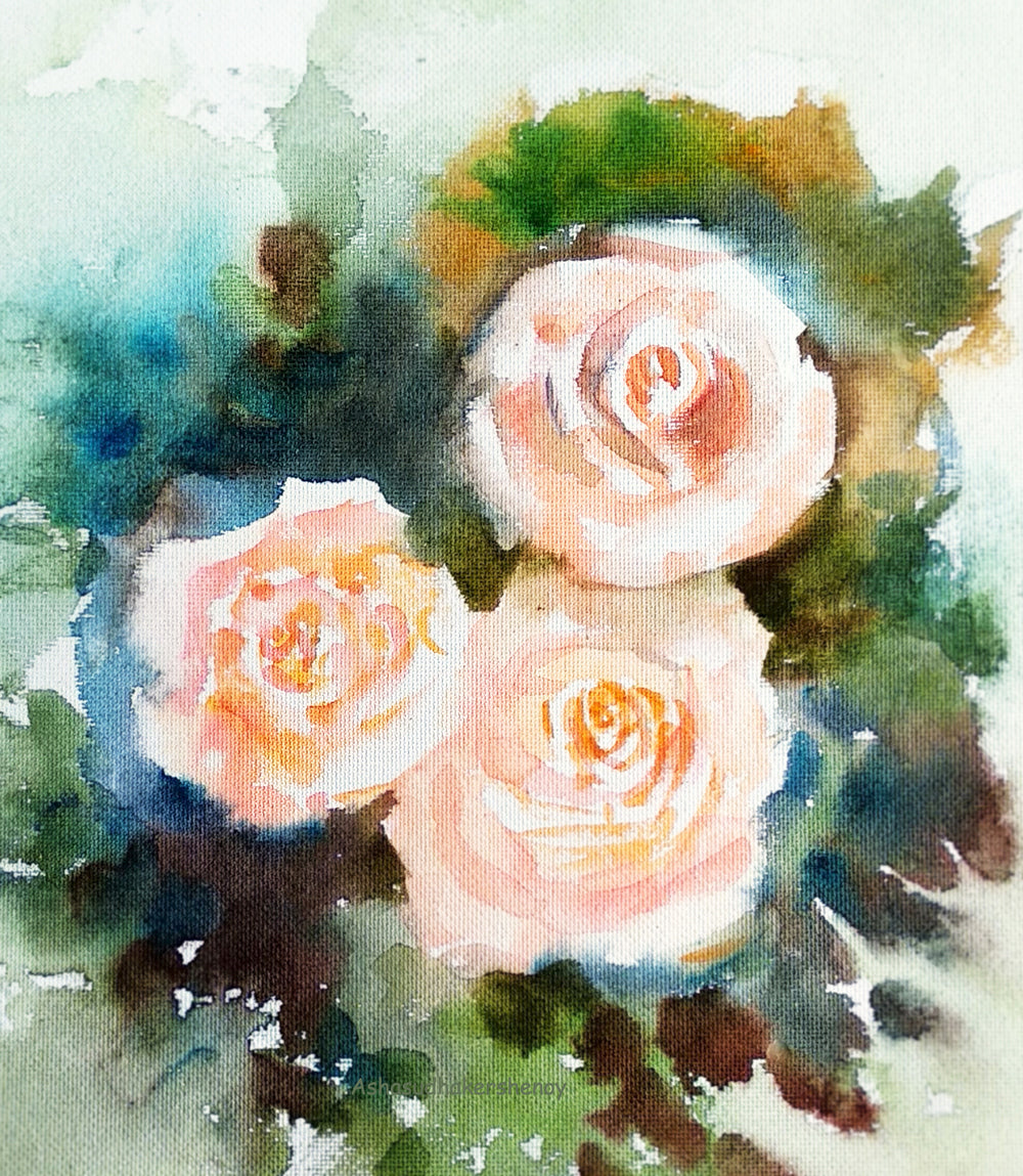 Close-up view Three Cream roses, Beautiful flower painting, Floral gift