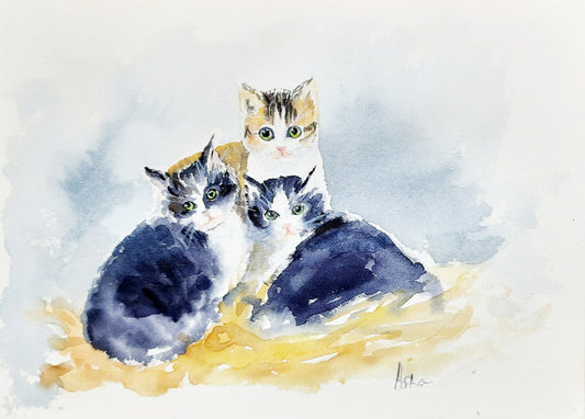Tres gatitos, pintura de acuarela sobre papel