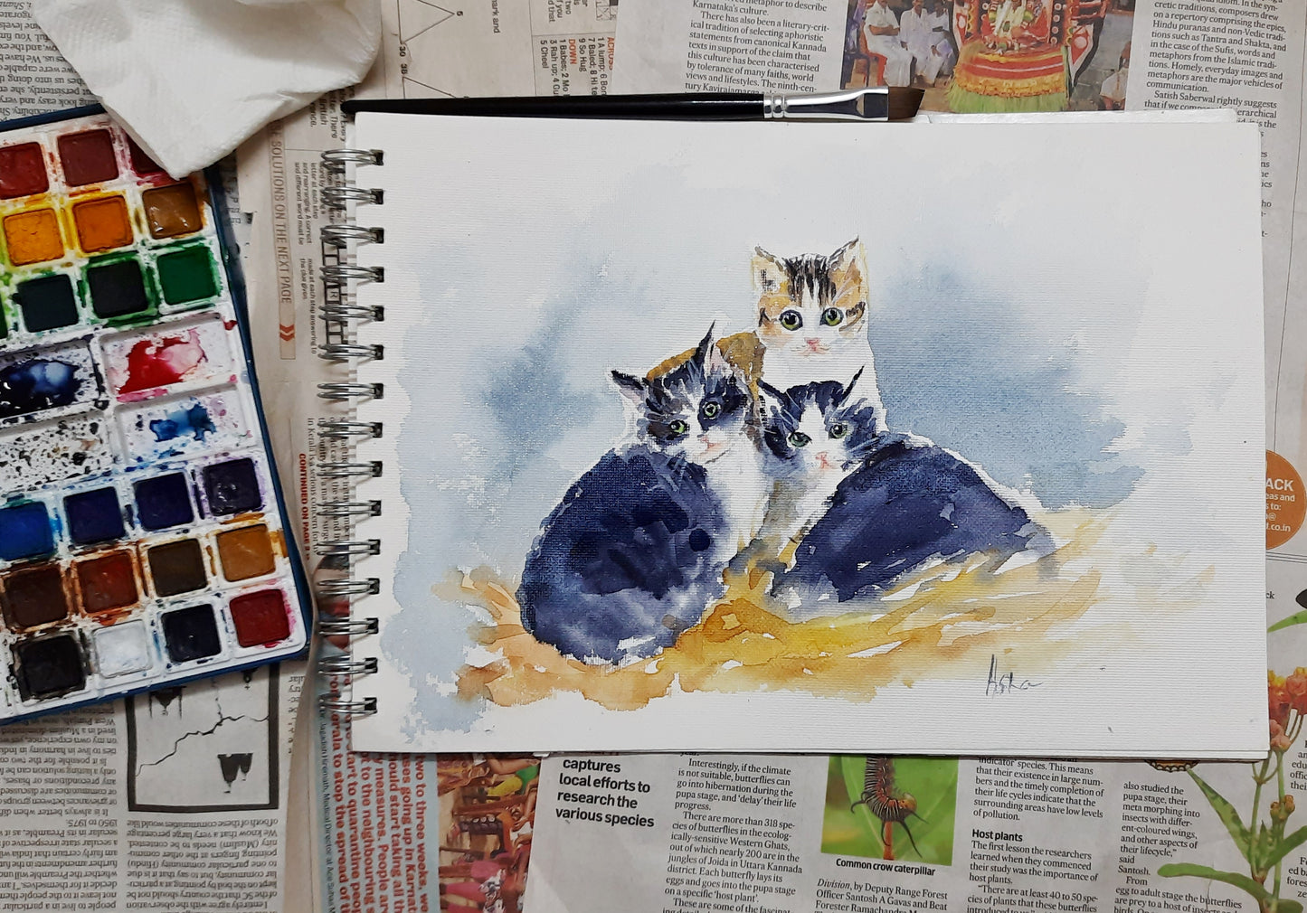 Three Little Kittens, watercolor painting on paper