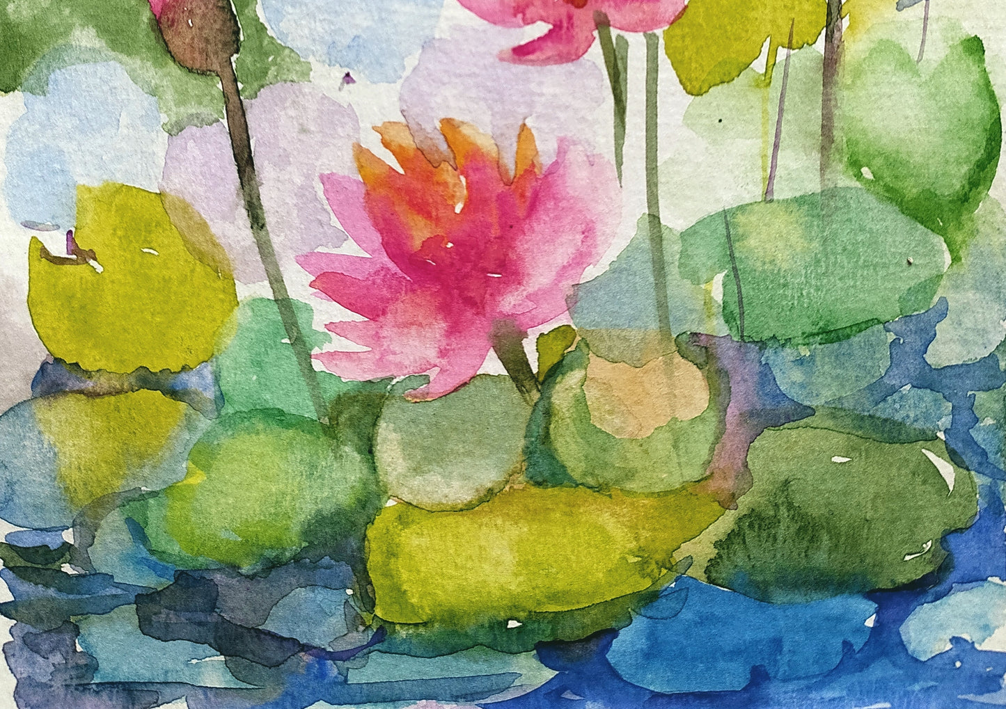 Crimson water lilies, Garden Pond watercolor painting