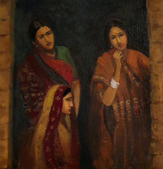 Tres mujeres indias rústicas en la puerta, obras de arte de mujeres rurales, listas para colgar