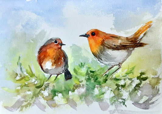 Two Cute Robins chatting on a tree, Birds in watercolors
