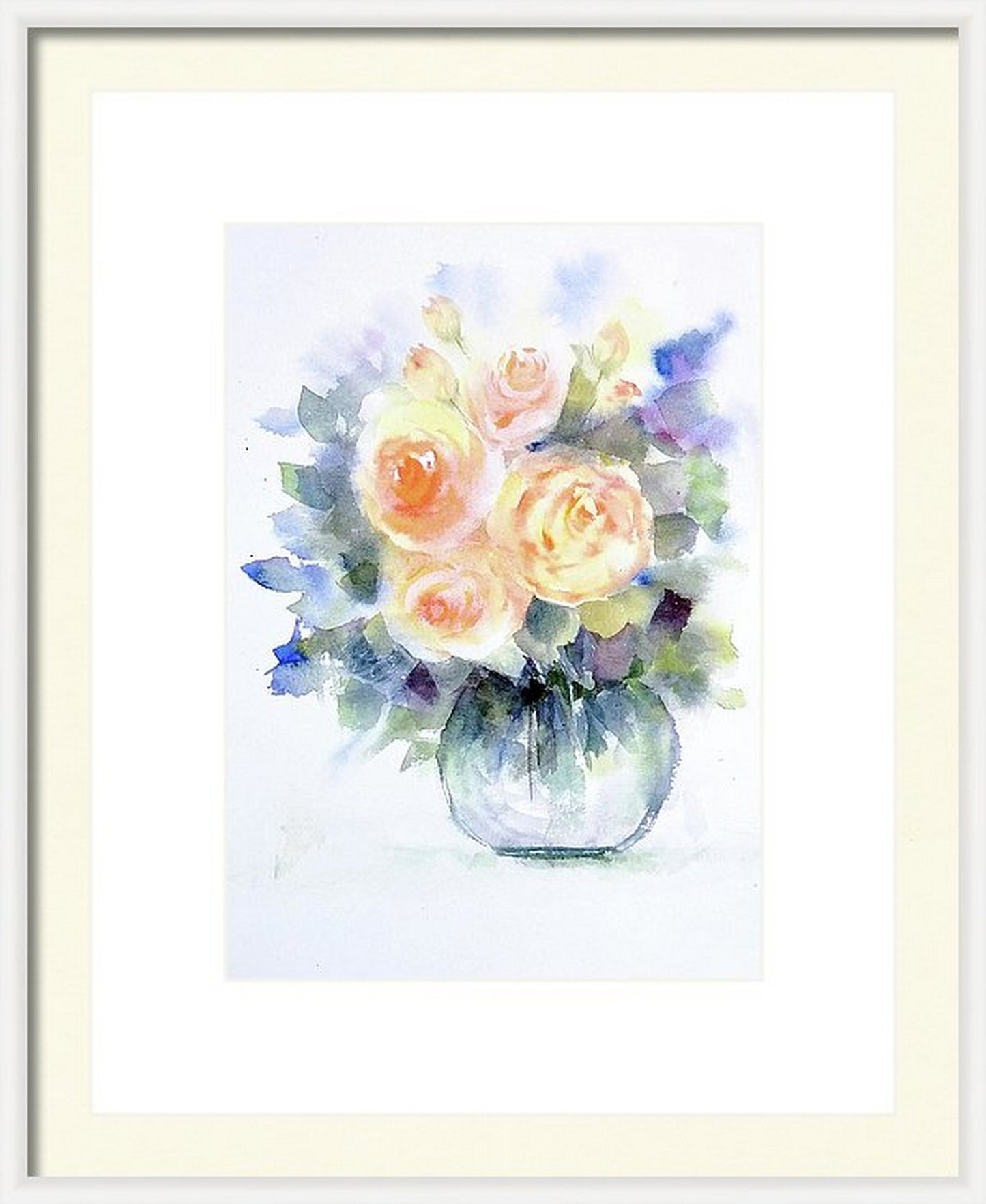 In a virtual frame A Vase fresh summer roses watercolor painting